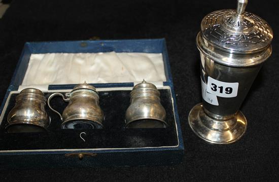 Silver Deco sugar sifter & boxed cruet